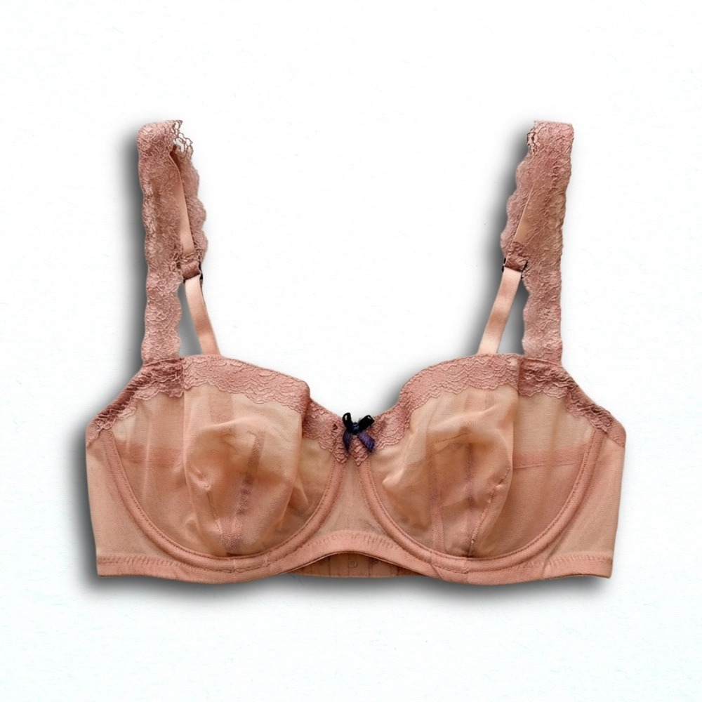 Vintage Sheer Mesh Lace Balconette Bra Peach Unlined Underwire Sample Size 30 32